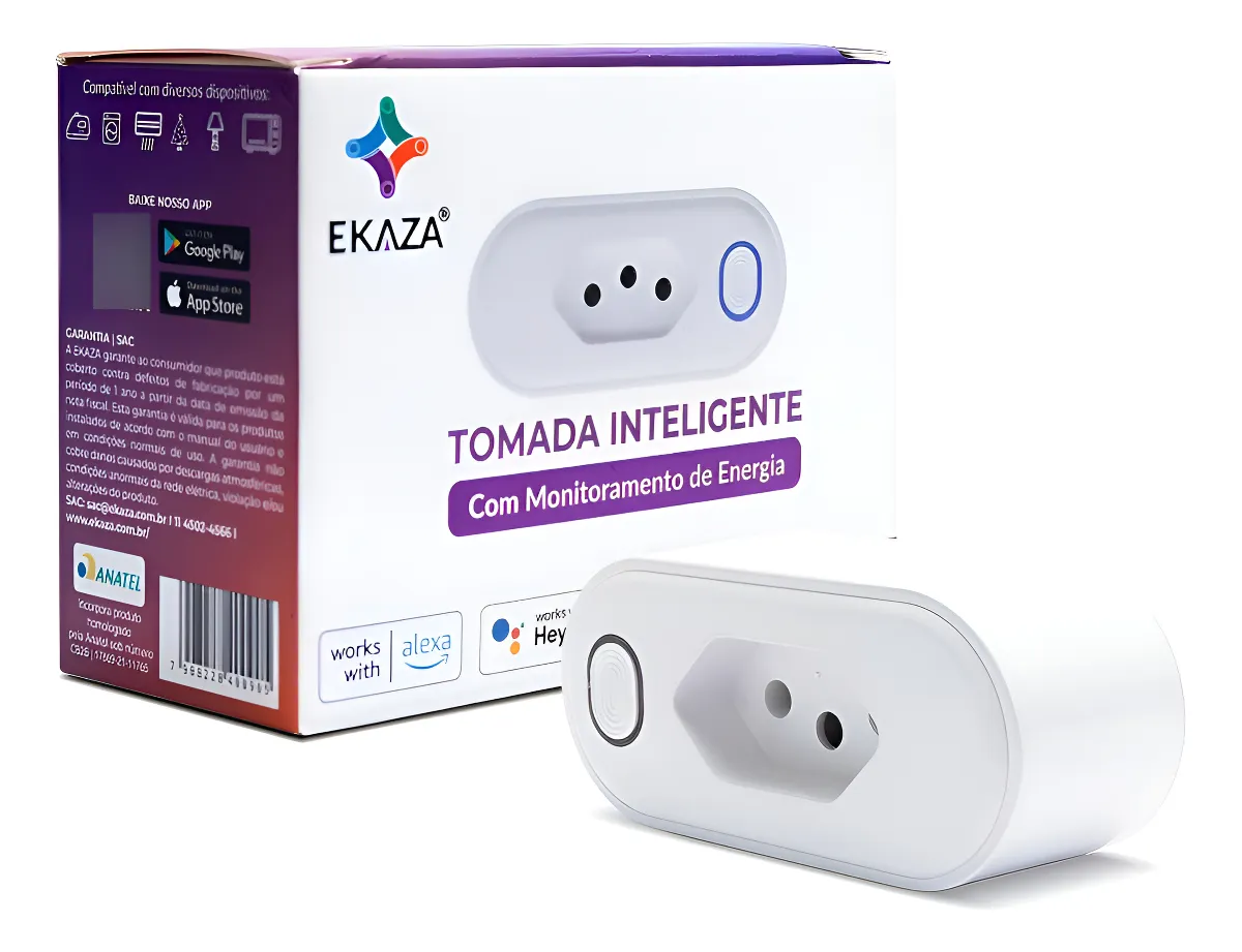 Imagem da Tomada Inteligente Wi-Fi Ekaza na cor branca, exibindo o padrão brasileiro de 3 pinos (novo padrão) e o botão lateral de pareamento.