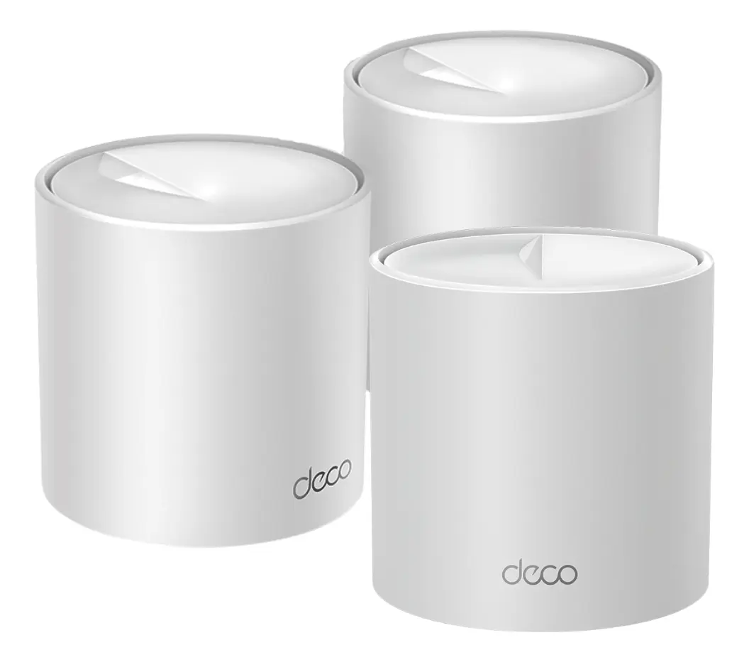 Imagem do kit com três unidades do roteador Mesh TP-Link Deco X10 na cor branca, exibindo seu formato cilíndrico e design compacto.