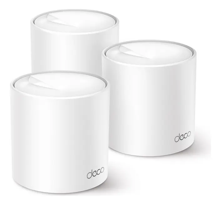 Imagem do kit com três unidades do roteador Mesh TP-Link Deco X50 na cor branca, exibindo seu design cilíndrico minimalista.