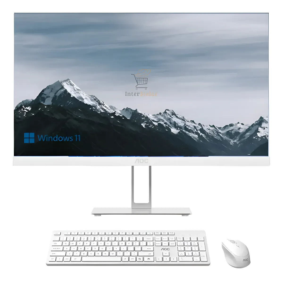 Imagem frontal do Computador All in One AOC, destacando sua tela de 27 polegadas de bordas finas, junto com teclado e mouse inclusos.