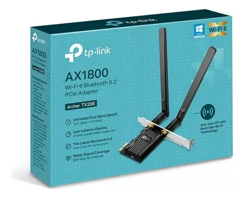 Imagem da placa de rede PCI-e TP-Link Archer TX20E, mostrando a placa de circuito com dissipador de calor e suas duas antenas externas ajustáveis.