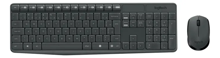 Imagem do combo Logitech MK235, exibindo o teclado sem fio no padrão ABNT2 e o mouse óptico, ambos na cor cinza escuro.