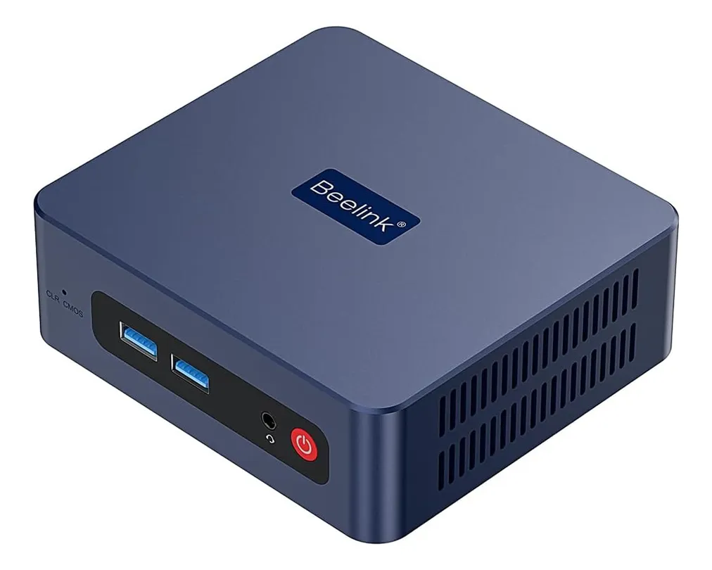 Imagem do Mini PC Beelink SER3 na cor preta, destacando seu tamanho compacto, acabamento em metal e as portas de conexão frontais e traseiras.